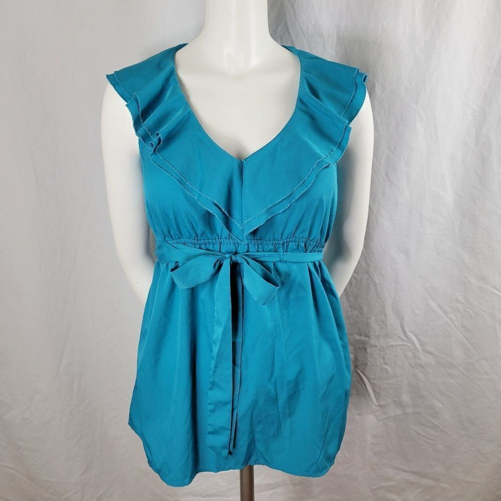 Motherhood Maternity Ruffle Collar‎ V-Neck Turquoise Sleeveless Blouse